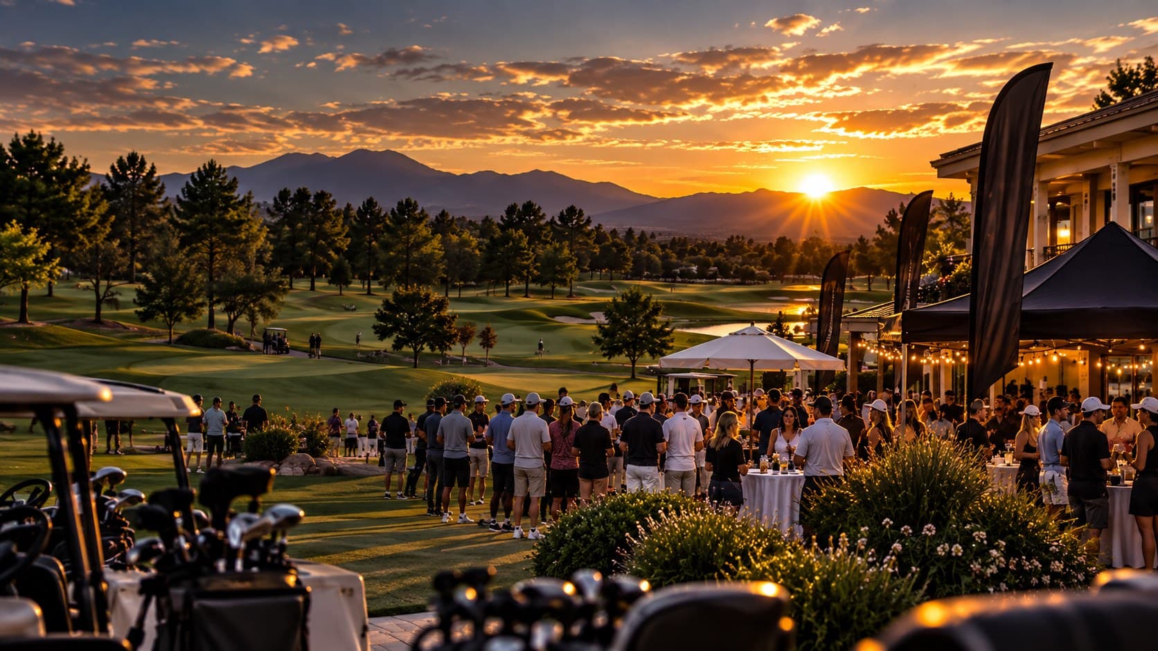 Golfers gathering at a past Finau community event as the sun sets over the course