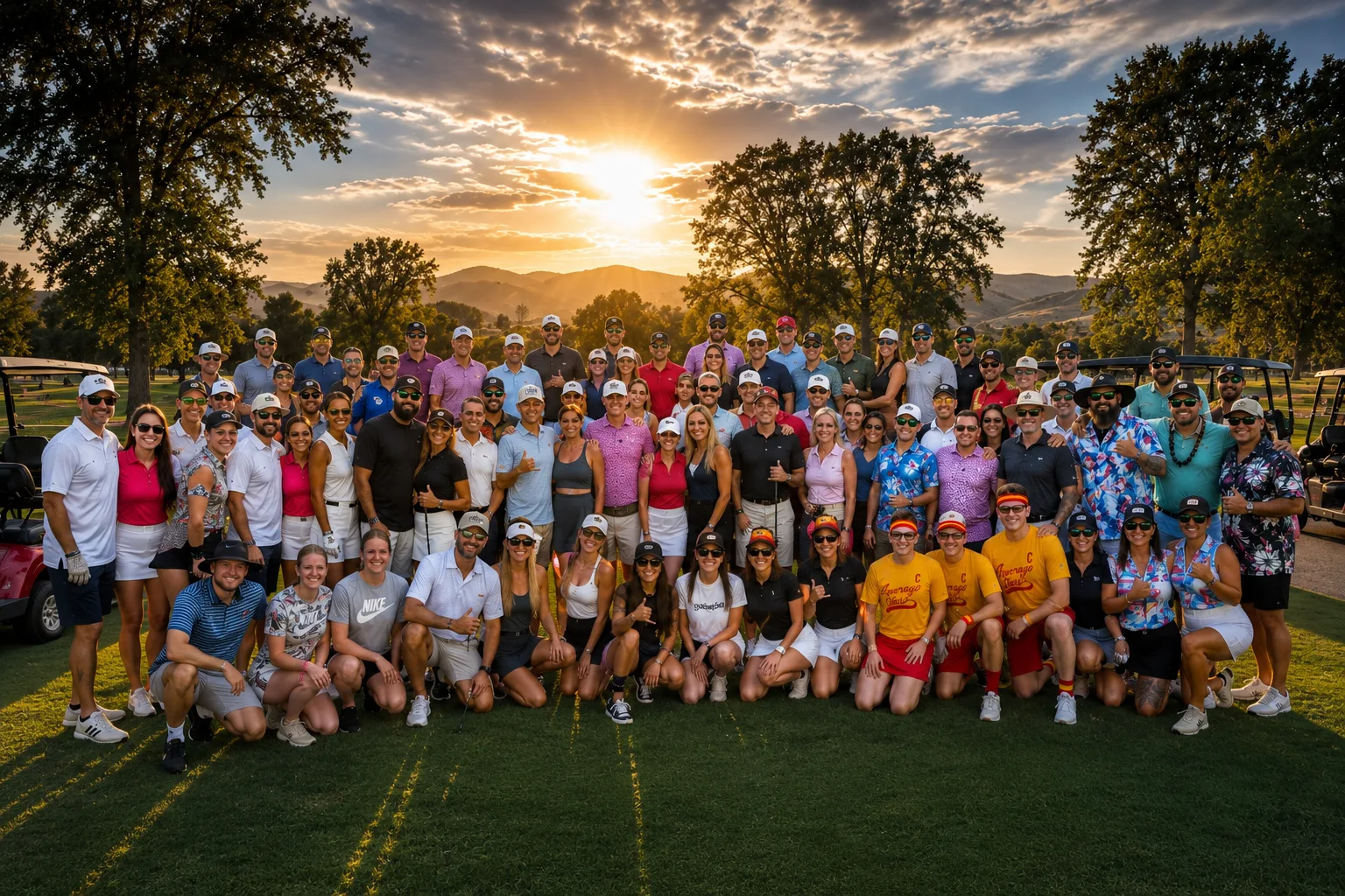 A large group gathered on the golf course beneath a glowing evening sky